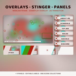 May include: A digital streaming overlay set featuring a gameplay frame with red and teal circles, a webcam border, and six rectangular panels labeled About Me, Schedule, Tip Jar, Rules, Socials, and Discord, each with a red star icon.