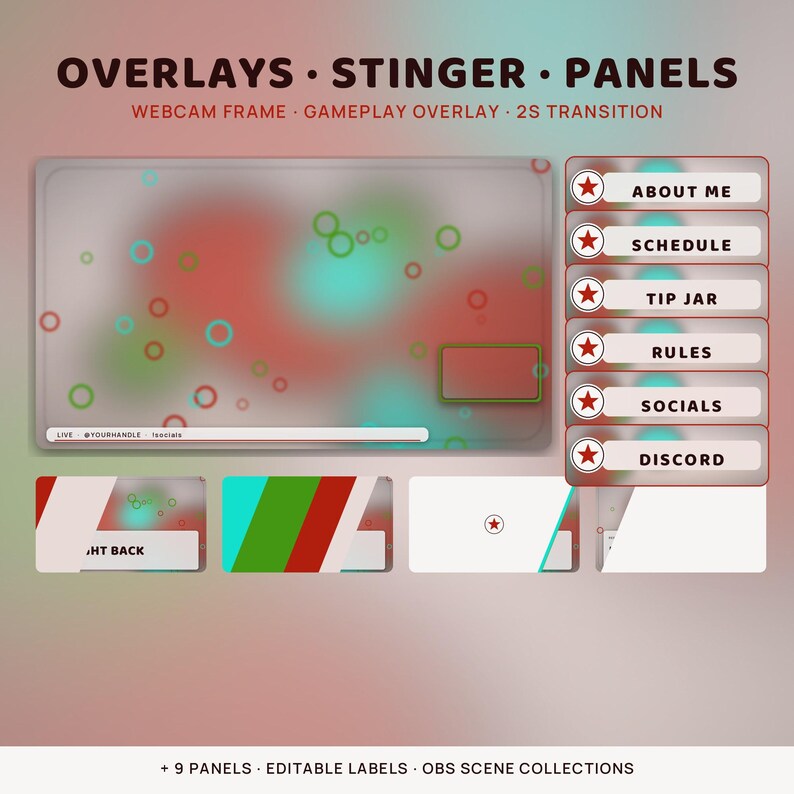 May include: A digital streaming overlay set featuring a gameplay frame with red and teal circles, a webcam border, and six rectangular panels labeled About Me, Schedule, Tip Jar, Rules, Socials, and Discord, each with a red star icon.