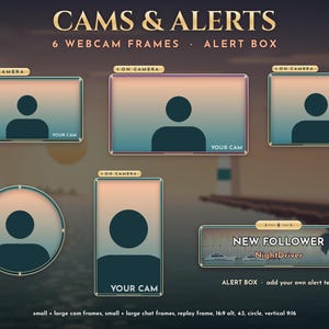 Puede incluir: Un conjunto digital de seis marcos para c&aacute;mara web y una caja de alertas con un degradado de colores de atardecer. Los marcos incluyen varias formas como rect&aacute;ngulos, un c&iacute;rculo y una orientaci&oacute;n vertical, etiquetados con ON CAMERA y YOUR CAM.