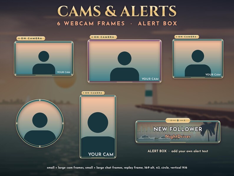 Puede incluir: Un conjunto digital de seis marcos para c&aacute;mara web y una caja de alertas con un degradado de colores de atardecer. Los marcos incluyen varias formas como rect&aacute;ngulos, un c&iacute;rculo y una orientaci&oacute;n vertical, etiquetados con ON CAMERA y YOUR CAM.