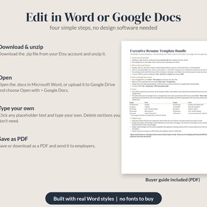 May include: An instructional graphic for an Executive Resume Template Bundle. It outlines four steps: download and unzip, open in Microsoft Word or Google Docs, type your own content, and save as PDF. A document preview and buyer guide are shown.