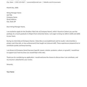 May include: A formal cover letter template featuring a header with placeholders for name, job title, and contact details. The body includes structured sections for date, recipient information, and a professional letter format with bracketed text.