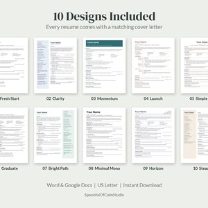 May include: A collection of 10 resume templates with matching cover letters, labeled 01 Fresh Start through 10 Steady. The documents feature various layouts, text blocks, and color accents, presented as digital files for Word and Google Docs.