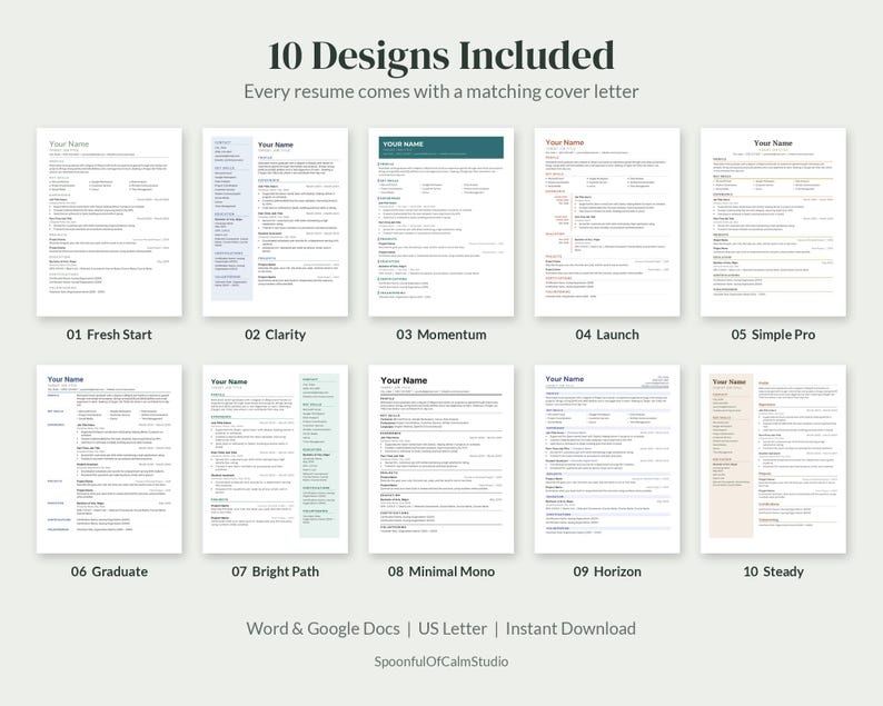 May include: A collection of 10 resume templates with matching cover letters, labeled 01 Fresh Start through 10 Steady. The documents feature various layouts, text blocks, and color accents, presented as digital files for Word and Google Docs.