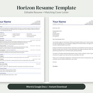 K&ouml;nnte beinhalten: Eine Horizon-Lebenslaufvorlage mit bearbeitbarem Lebenslauf und passendem Anschreiben. Das Dokument enth&auml;lt Abschnitte f&uuml;r Profil, F&auml;higkeiten, Erfahrung, Projekte, Ausbildung, Zertifikate und Freiwilligenarbeit, kompatibel mit Word und Google Docs.