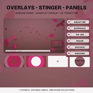 May include: A digital streaming overlay set featuring a dark pink background with floating leaf graphics. Includes a webcam frame, gameplay overlay, and six rectangular panels labeled About Me, Schedule, Tip Jar, Rules, Socials, and Discord.