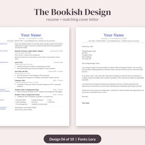 Puede incluir: Una plantilla de curr&iacute;culum y carta de presentaci&oacute;n titulada The Bookish Design. Los documentos presentan un dise&ntilde;o limpio con secciones para objetivo, educaci&oacute;n, experiencia, participaci&oacute;n, habilidades y premios en texto azul.