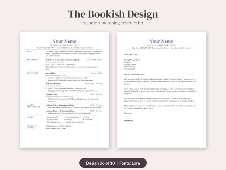 Puede incluir: Una plantilla de curr&iacute;culum y carta de presentaci&oacute;n titulada The Bookish Design. Los documentos presentan un dise&ntilde;o limpio con secciones para objetivo, educaci&oacute;n, experiencia, participaci&oacute;n, habilidades y premios en texto azul.