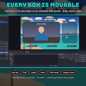 May include: A digital OBS Studio interface overlay template featuring customizable boxes for camera, chat, alerts, and labels. The layout includes text elements like JUST CHATTING, YOUR CAMERA, and social media placeholders on a tropical beach background.