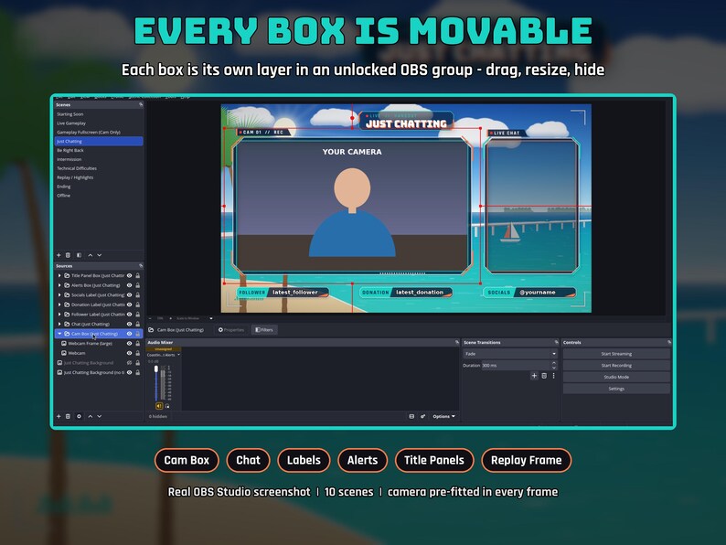 May include: A digital OBS Studio interface overlay template featuring customizable boxes for camera, chat, alerts, and labels. The layout includes text elements like JUST CHATTING, YOUR CAMERA, and social media placeholders on a tropical beach background.