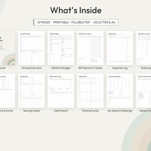 May include: A 12-page printable and fillable PDF budget and bill tracker set in US Letter size. The collection includes a cover, annual overview, monthly budget, bill payment tracker, expense log, subscription tracker, benefits and income tracker, savings goals, debt payoff, sinking funds, no-spend challenge, and money contacts pages.
