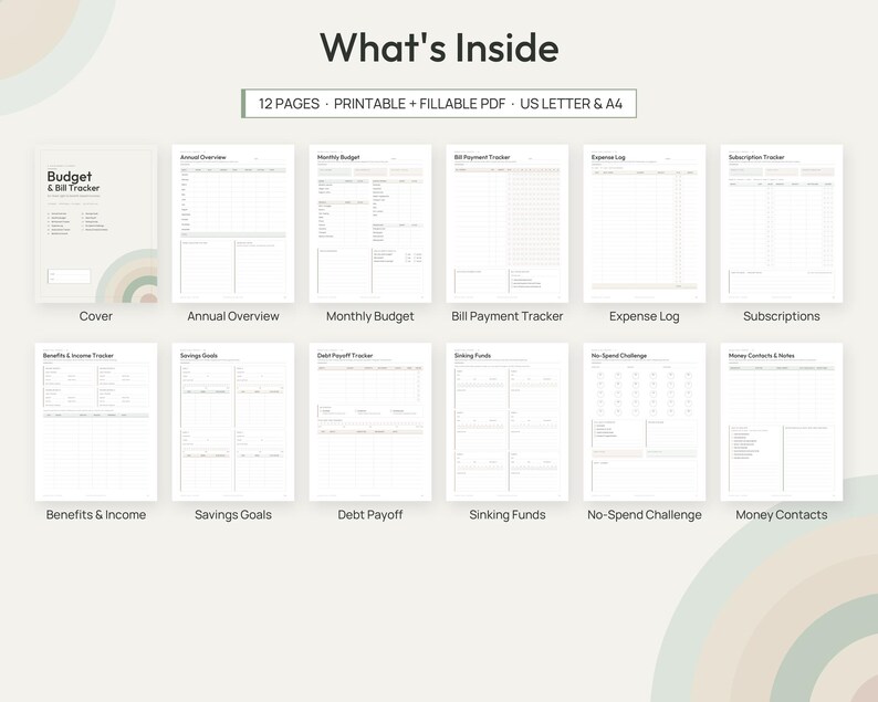 May include: A 12-page printable and fillable PDF budget and bill tracker set in US Letter size. The collection includes a cover, annual overview, monthly budget, bill payment tracker, expense log, subscription tracker, benefits and income tracker, savings goals, debt payoff, sinking funds, no-spend challenge, and money contacts pages.