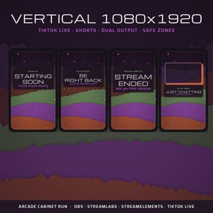 May include: A digital graphic set for vertical streaming featuring four mobile phone frames with purple, green, and orange layered backgrounds. Text includes STARTING SOON, BE RIGHT BACK, STREAM ENDED, and JUST CHATTING with subtext.