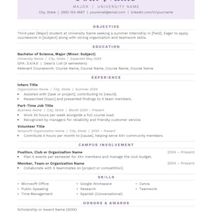 May include: A resume template featuring a light purple header with placeholders for name, contact details, and professional sections including objective, education, experience, campus involvement, skills, and honors and awards.