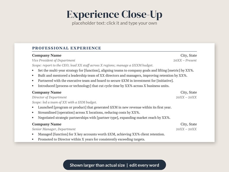 May include: A resume template titled Experience Close-Up with placeholder text for professional experience, including sections for company name, job title, dates, and bulleted lists for achievements and responsibilities in a clean, black and white layout.