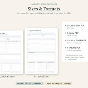 Op de afbeelding: Een digitale download met sjablonen voor afspraaknotities in US Letter 8,5 x 11 inch en A4 210 x 297 mm formaten. Het document bevat secties voor afspraakdetails, vragen en notities, beschikbaar als printbare of invulbare PDF-bestanden.
