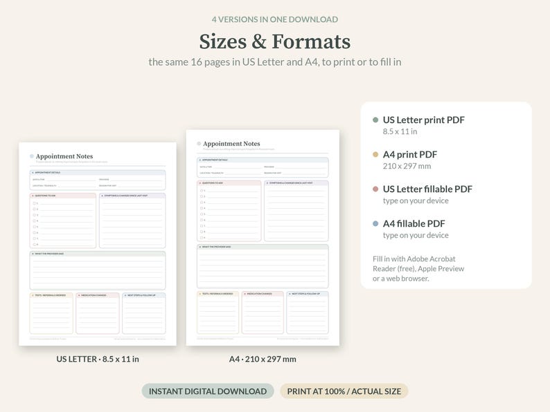 Op de afbeelding: Een digitale download met sjablonen voor afspraaknotities in US Letter 8,5 x 11 inch en A4 210 x 297 mm formaten. Het document bevat secties voor afspraakdetails, vragen en notities, beschikbaar als printbare of invulbare PDF-bestanden.