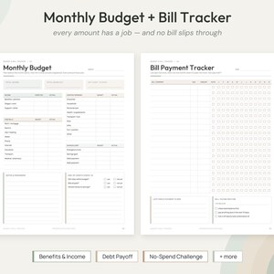 May include: A two-page printable planner set titled Monthly Budget + Bill Tracker. The left page features sections for income, expenses, and notes. The right page includes a bill payment tracker with checkboxes and payment routine lists.