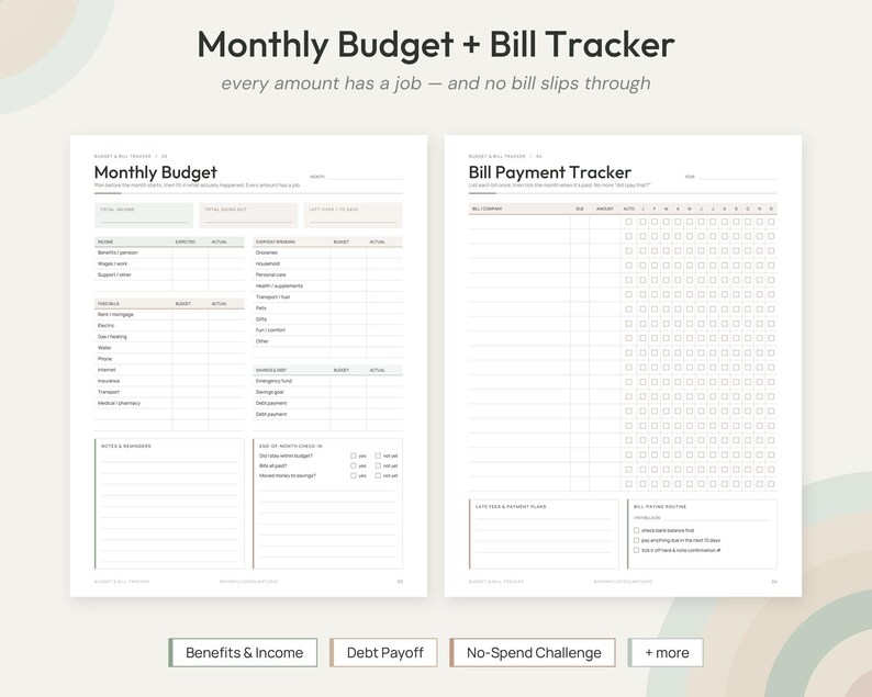 May include: A two-page printable planner set titled Monthly Budget + Bill Tracker. The left page features sections for income, expenses, and notes. The right page includes a bill payment tracker with checkboxes and payment routine lists.