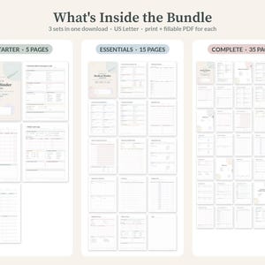 K&ouml;nnte beinhalten: Ein digitales Set f&uuml;r medizinische Ordner mit drei Paketen: Starter mit 5 Seiten, Essentials mit 15 Seiten und Complete mit 35 Seiten. Der Text lautet What's Inside the Bundle, 3 sets in one download, US Letter, print + fillable PDF for each.