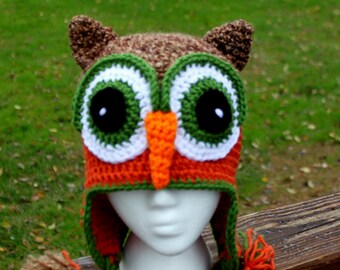 Crochet owl hat.Handmade owl hat.Brown,orange owl hat.