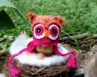 Crochet Fuzzy Owl hat. Handmade owl hat. Crocheted owl hat. Made to order.