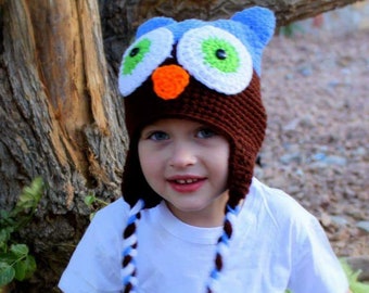 Crochet owl hat.Crocheted owl hat. handmade owl. Brown blue owl hat