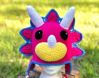 Crochet Pink/ blue triceratops hat. Crochet triceratops hat