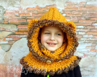 Lion Hooded cowl hat. Crochet lion hooded cowl. Crochet lion hat. size:6-8y.old