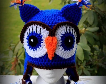 Crochet Owl hat. Crochet blue owl hat. Birthday gift.