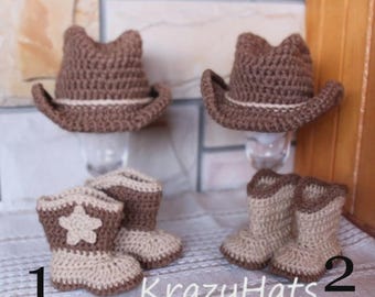 Crochet Cowboy Hat and Boots Set |  Newborn Photo Prop |  Made to order