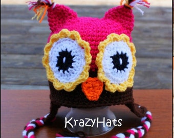 Crochet owl hat. Crocheted owl hat.Handmade hat. Made to order.