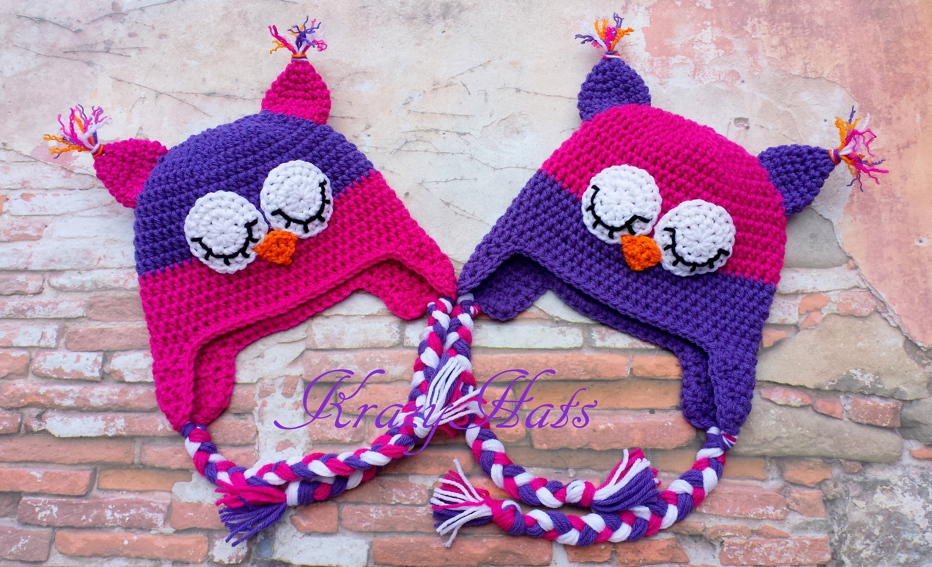 Crochet Owl Hat, Handmade Pink Purple  Beanie, Made to order