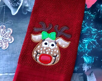 Reindeer kitchen towel. Christmas Towel. Reindeer tea towel. Embroidered towel.