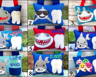Shark tooth fairy pillow. Embroidered shark pillow. Personalized shark pillow. Birthday gift.