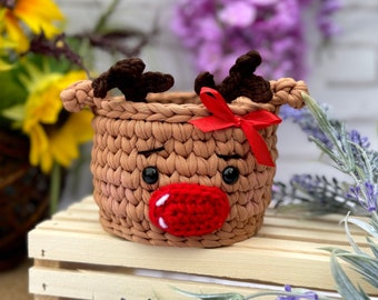 Crochet Deer Basket, Home Office Decoration basket, Ready to ship