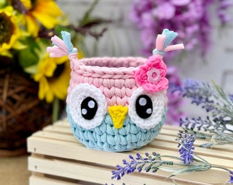 Owl Basket, Crochet owl, Home Decor Basket, Birthday Gift, Ready to ship Owl basket