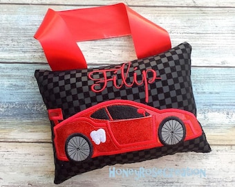 Personalized Race Car Tooth Fairy Pillow |  Embroidered Birthday gift | size:5x7 inches