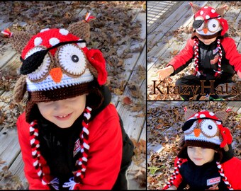 Crochet Pirate owl hat. Crochet owl hat.Crocheted pirate owl. Birthday gift.