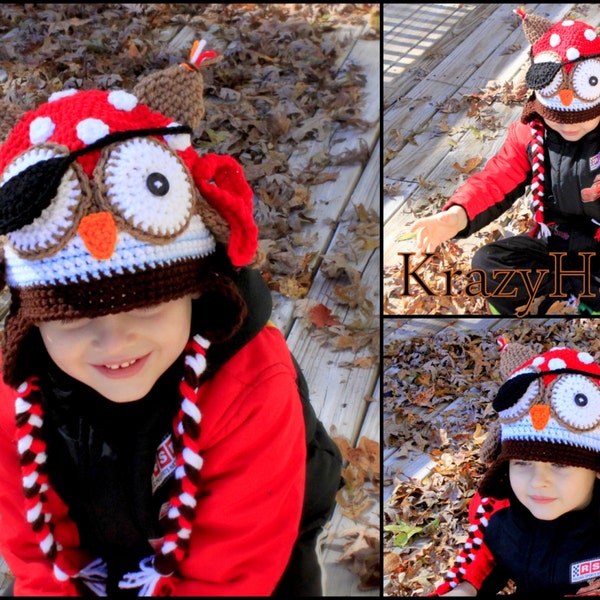 Crochet Pirate owl hat. Crochet owl hat.Crocheted pirate owl. Birthday gift.