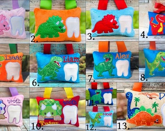 Dinosaur tooth fairy pillow. Dino tooth fairy pillow. Embroidered dinosaur. Birthday gift.