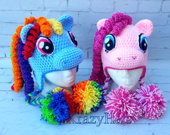 Crochet Pony hat, Crocheted Blue and Pink Pony Hat, Handmade Hat, Crochet pony