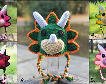 Crochet Triceratops dinosaur hat. Handmade Crochet dino hat.