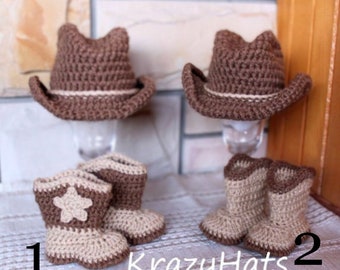 Crochet Cowboy Hat, Crochet Cowboy Boots; Babyshower gift, Baby prop, Photo prop, Birthday gift