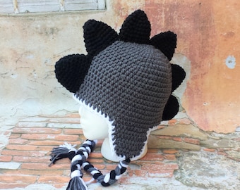 Crochet Gray black dinosaur hat. Crochet dino hat.
