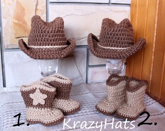 Crochet Cowboy set Hat and Boots. Babyshower gift.Baby prop,Photo prop,