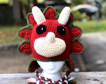 Crochet triceratops hat. Clay olive color dinosaur hat.Handmade  Crocheted dino hat.