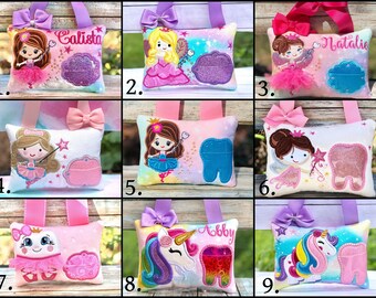 Ballerina tooth fairy pillow. Unicorn pillow, pony pillow, embroidered ballerina pillow. Personalized tooth fairy pillow.