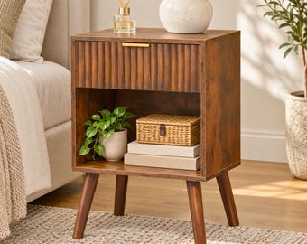 Rustic Brown Fluted Nightstand, Mid Century Modern Bedside Table with Drawer, Open Shelf Storage, Walnut Finish, Wooden Legs, Bedroom Accent