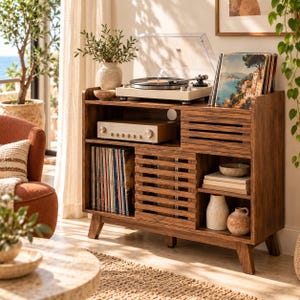 May include: A dark wood media console featuring a top surface with a record player and vinyl records, an open shelf with an amplifier, a slatted sliding door, and side shelving holding books, a white vase, and a round ceramic vessel.